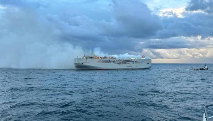 cargo ship catches fire